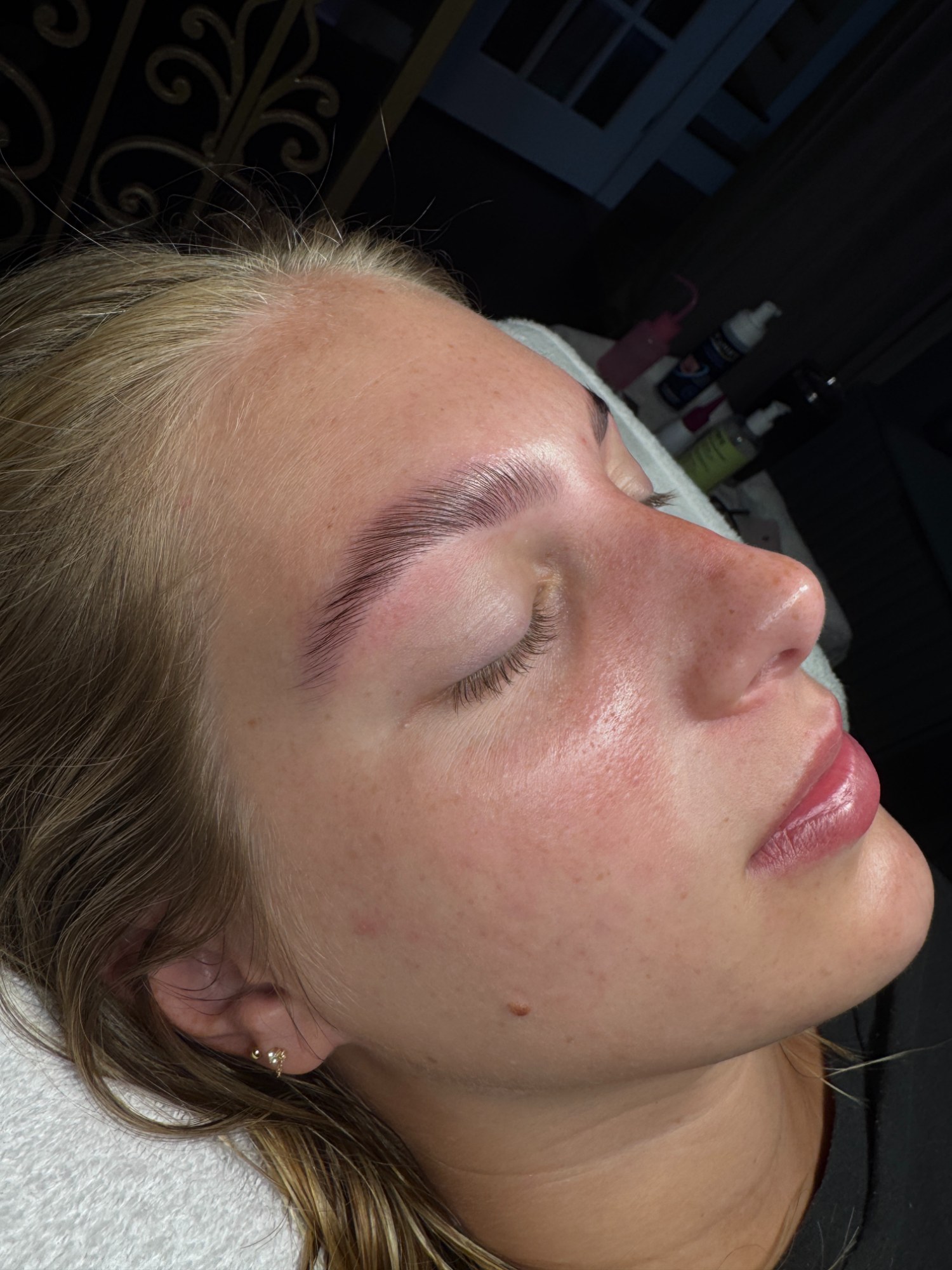 Before and after brow lamination and tint on a blonde client — sparse brows to a fuller, brushed-up shape — The Bronze Lily, St. Petersburg, FL