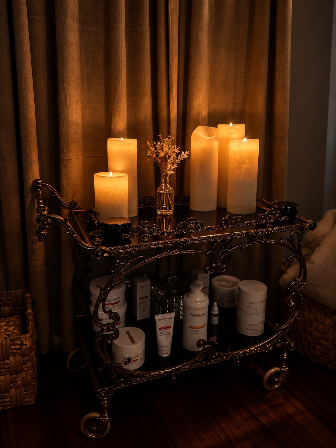 Candlelit gold tea cart lined with PODOPHARM foot-care products and dried botanicals in the Root Room, The Bronze Lily, St. Petersburg, FL